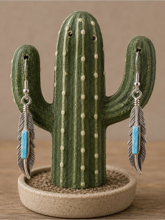 Native American Jewelry - Earrings Handcrafted Native American Sterling Silver Feather Turquoise Dangle